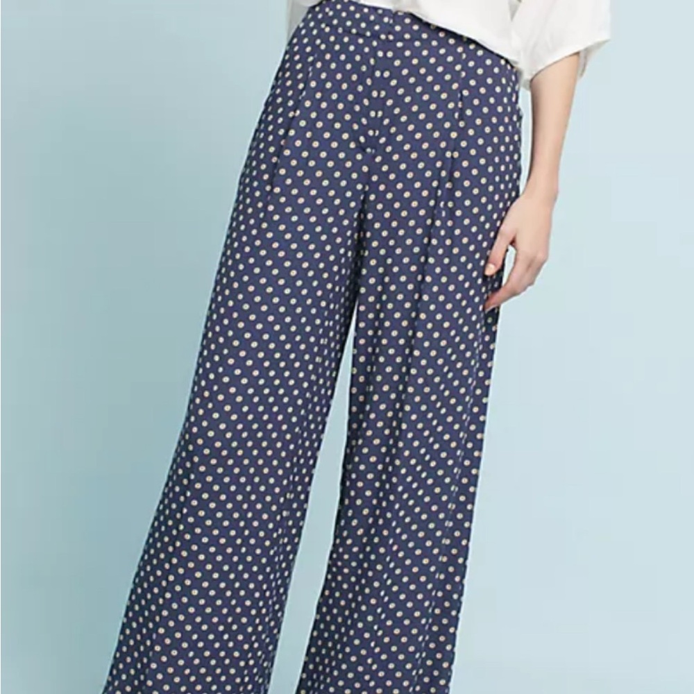 Anthropologie Navy and Cream Polka Dot Wide-Leg Pants